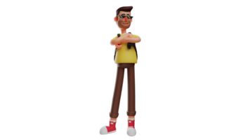 3D illustration. Charming Tourist 3D cartoon character. Tourist stood with his arms crossed and observed the situation in front of him. Tourists wear sunglasses and look dashing. 3D cartoon character png