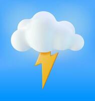 3D Cloud with Lightning Icon Isolated. Render Weather Icon. Thunderstorm in Fluffy Cloud. Realistic Weather Symbol. Vector Illustration