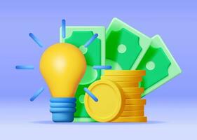 3D Light Bulb with Golden Coins and Banknotes. Render Yellow Idea Bulb Makes Money. Glass Lightbulb Symbol. Creative Idea Inspiration. Brainstorming Development. Business Startup. Vector Illustration