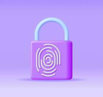 3D Fingerprint on Padlock Isolated. Render Pad Lock with Finger Print Icon. Identification and Authorization System. Fingerprint for ID, Passport, Applications. Biometric Scan. Vector Illustration