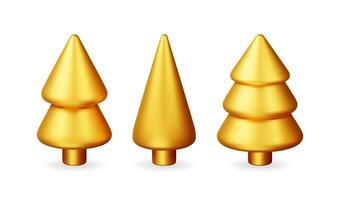 3D Set of Abstract Christmas Tree in Gold Isolated. Render Spruce, Evergreen Tree Icon. Greeting Card, Festive Poster, Party Invitations Element. Christmas and New year. Cartoon Vector illustration