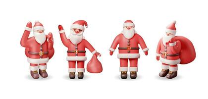 3D Set of Santa Claus Character with Gift Bag. Render Christmas Santa in Different View. Happy New Year Decoration. Merry Christmas Holiday. New Year Xmas Celebration. Realistic Vector Illustration