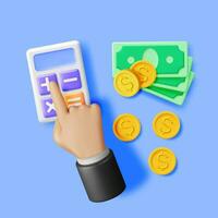 3D Hand with Calculator and Cash Money Isolated. Render Counting Money. Financial Account and Budget, Financial Calculation. Accountancy, Banking, Bookkeeper, Mathematical Count. Vector Illustration