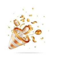 3D Gold Party Popper with Confetti Isolated on White. Render Golden Confetti Collection. Striped Firecracker Elements in Various Shapes. Party, Holyday Surprise or Birthday Events. Vector Illustration