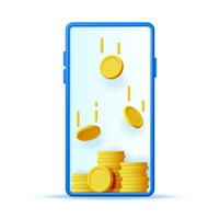 3D Smartphone and Money Inside Isolated. Render Mobile Phone with Gold Coin. Mobile Online Payment and Transfer. Finance, Investment, Money Saving. Internet Casino. Vector Illustration