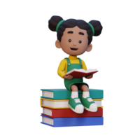 3D happy girl character reading book png