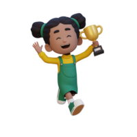 3D girl character celebrating win holding a trophy png