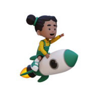 3D girl character riding a rocket and pointing hand png