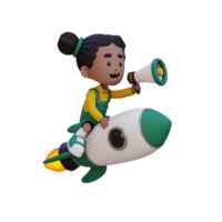 3d menina personagem equitação uma foguete e segurando megafone png