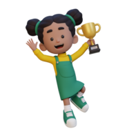 3D girl character celebrating win holding a trophy png