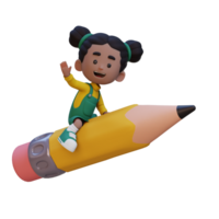3d niña personaje montando un lápiz y ondulación mano png