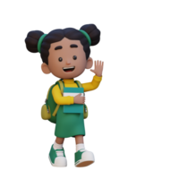 3D happy girl character walking go to school holding book and waving hand png