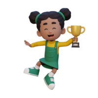 3D girl character celebrating win holding a trophy png