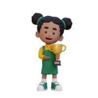 3D girl character celebrating win holding a trophy png