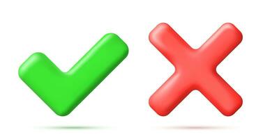 3D Right and Wrong Button Shape. Green Yes and Red No Correct Incorrect Sign. Checkmark Tick Rejection, Cancel, Error, Stop, Negative, Agreement Approval or Trust Symbol. Vector Illustration