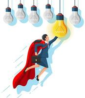 Super businesswoman in red cape flying to idea light bulb. Concept of creative idea or inspiration, business start up. Glass bulb with spiral in flat style. Vector illustration