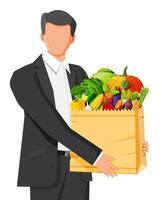 Man customer with paper bag full of fresh vegetables. Farming fresh food, organic agriculture products. Onion, cabbage, pepper, pumpkin, cucumber, tomato and other vegetables. Flat vector illustration