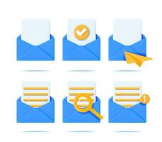 3d Blue Open Mail Envelope Icon Set Isolated. Checkmark, Magnifying Glass, Document, Paper Plane, Notification and Empty Email Letter Envelope. E-mail Collection. Vector Illustration