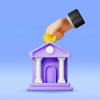 3D Bank Building and Hand with Coin. Render Financial House Icon. Construction with Columns in Ancient Design. Money Deposit and Withdrawal, Financial Transactions Service Banking. Vector Illustration