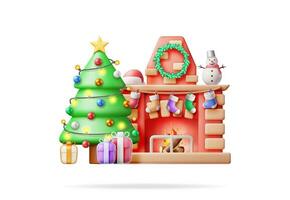 3D Red Brick New Year Fireplace Isolated. Render Christmas Decorated Fireplace with Socks, Tree, Gifts. Happy New Year Decoration. Christmas Holiday. New Year and Xmas Celebration. Vector Illustration