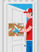 Man left cardboard boxes with goods near house door. Courier character holds parcel. Carton delivery packaging closed box with fragile signs. Free and fast shipping. Cartoon flat vector illustration