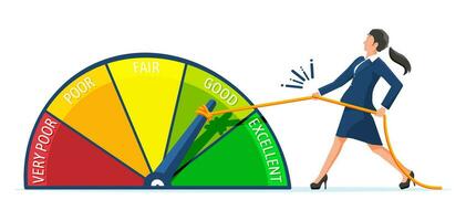 Businesswoman Changing Personal Credit Information. Woman Pushing Arrow to Make Credit History Better. Female Improves Creditworthiness, Credit Score, Approval Solvency. Flat Vector Illustration