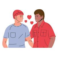 Multiethnic Gay Man Couple Isolated. Young Homosexual Couple Hugging Holding Hands. Two LGBT Male People Embrace and Looking Each Other. LGBT Pride, Gender Identity. Cartoon Flat Vector Illustration