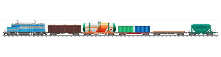 Set of train cargo wagons, cisterns, tanks and cars. Railroad freight collection. Flatcar, boxcar, car carriage. Industrial carriages, side view. Cargo rail transportation. Flat vector illustration