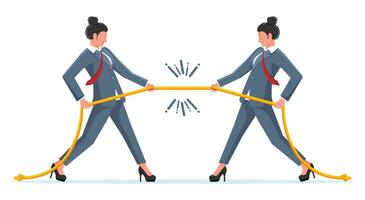 Two Businesswomen Pull of Rope. Women Tug of War and Look at Each Other. Business Target, Rivalry, Competition, Conflict. Achievement, Goal Success. Flat Vector Illustration