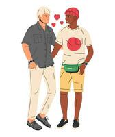 multiétnico gay hombre Pareja aislado. joven homosexual Pareja abrazando participación manos. dos lgbt masculino personas abrazo y mirando cada otro. lgbt orgullo, género identidad. dibujos animados plano vector ilustración