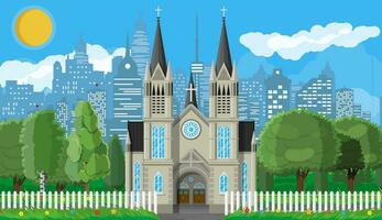 Exterior of catholic or protestant church cathedral in gothic style with fence and trees behind. Chapel. Tower with cross. Park with cityscape and sky. Suburb church concept. Flat vector illustration