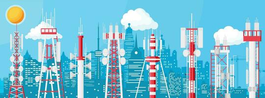 Transmission Cellular Tower Antenna Cityscape. Network Broadcast Equipment Isolated. Broadcasting, Internet, Television Cell Station. 4G 5G. Satellite Communication Antenna. Flat Vector Illustration