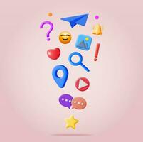 3D Social Media Concept Isolated. Render Colorful Social Network Media Icons. Online Chat Bubble, Like Button, Exclamation Question Mark, Search, Play, Smile, Location Pin. Vector Illustration