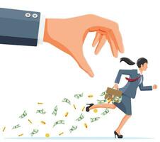 Hand tries to grab the briefcase of money running businesswoman. Stealing money, tax, debt, fee, crisis and bankruptcy. Protection, banking, property. Vector illustration in flat style