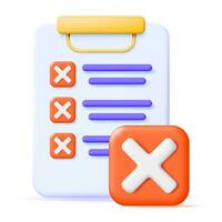 3D Paper Clipboard Holder with Checklist Symbol. Clipboard with Paper Sheet and Red Check Mark Icon. Checkmark Tick Reject. Wrong Choice. Cancel, Error, Stop, Disapprove Symbol. Vector Illustration
