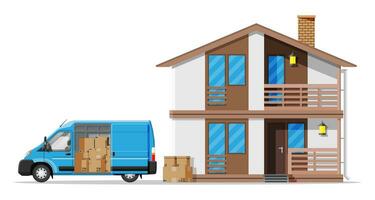 Delivery van full of cardboard boxes and wooden house isolated on white. Relocation delivery service in city. Parcel paper cardboard box with goods. Cargo and logistic. Flat vector illustration