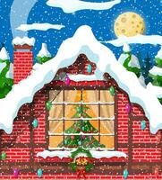 Navidad ventana en ladrillo pared. vivo habitación con Navidad árbol. contento nuevo año decoración. alegre Navidad día festivo. nuevo año y Navidad celebracion. vector ilustración plano estilo