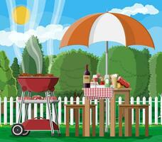 Bbq party or picnic. Table with bottle of wine, vegetables, cheese, can of beer. Electric grill with barbecue. Cooking steak, meat and sausages, grilling bbq. Vector illustration flat style