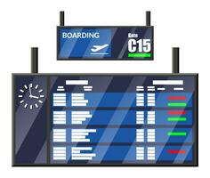 Airport Flip Board. Departure And Arrival Timetable Showing Flight, Destination, Gate, Status And Time. Information Board Clock Icon Info Table Display. Electronic Scoreboard. Flat Vector Illustration