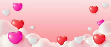 3D Fluffy Cartoon Clouds with Red and White Hearts on Pink Background. Valentine Day, Birthday Card, Product Display Presentation Advertisement. Realistic Vector Illustration