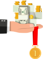 Hand holding pile of cash money and medal png