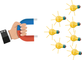 Hand with magnet attracting light bulbs idea png