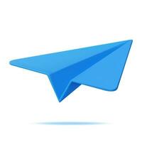 3D Blue Paper Plane Isolated on White. Render Folded Paper Into Shape of Airplane Icon. Origami Folded Toy Air Plane. Transportation, Delivery, Internet Mail and Messaging Symbol. Vector Illustration