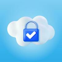 3d White Cloud with Locked Padlock. Render Cloud with Pad Lock Icon. Concept of Cloud Data Protection, Security and Confidentiality. Safety, Encryption and Privacy. Vector Illustration