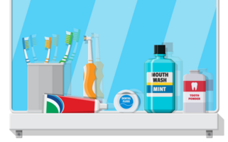 Bathroom mirror and dental cleaning tools png