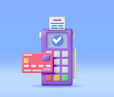 3D Payment Terminal with Card and Receipt Isolated. Render Modern POS Bank Payment Device. Payment NFC Keypad Machine. Credit Debit Card Reader. Contactless Payment Transaction Vector illustration