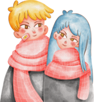Cartoon couple with scarf on their heads. png