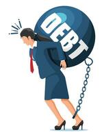 Businesswoman chained to big heavy debt weight with shackles. Character tied by chain to large dumbbell. Business woman corporate slavery. Tax, debt, fee, crisis, bankruptcy. Flat vector illustration