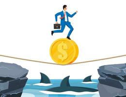 Businessman walking a tightrope over shark in water. Business man in suit walking on rope and coin. Obstacle on road, financial crisis. Risk management challenge. Flat vector illustration