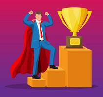 Super businessman in cloak goes to golden trophy. Business man on podium with golden cup. Success, achievement, business vision career goal. Flat vector illustration